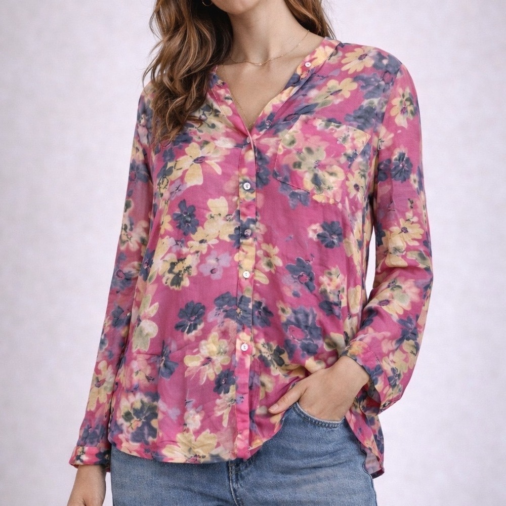 Zac & Rachel Pink Floral Button Down Blouse Long Sleeve Rayon Blend Sz Medium e3